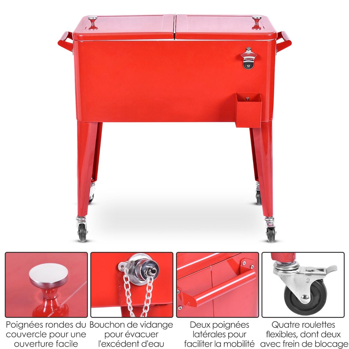 76L Rolling Insulated Refrigerant Trolley with Universal Wheels Bottle Opener Garden Trolley for Storing Ice and Drinks - - Image 8