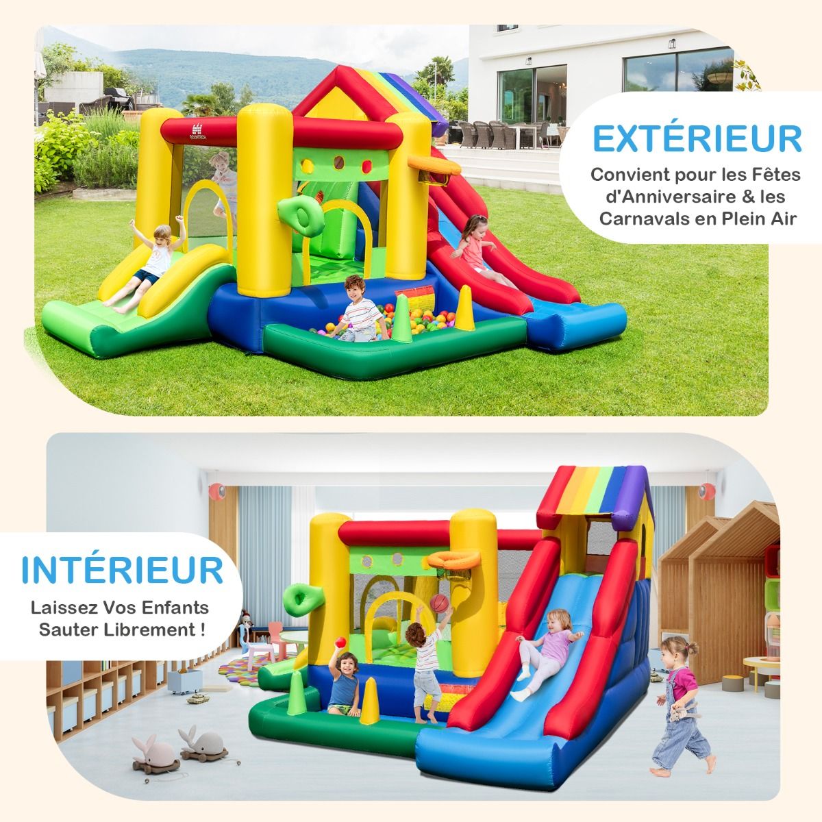 7 in 1 Rainbow Theme Inflatable Castle with Fan Double Slides Pool Balls Basketball Hoop Load 90kg - - Image 9