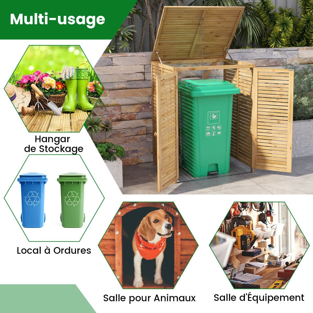 120L Wooden Trash Can Shed Outdoor Tool Shed with Openable Lid Double Doors Natural Locking Latch - - Image 7