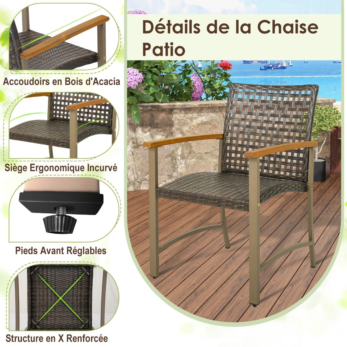 Set of 4 Rattan Chairs for Outdoors Chairs with Acacia Wood Armrests Robust Metal Frame Ergonomic Chairs - - Image 5