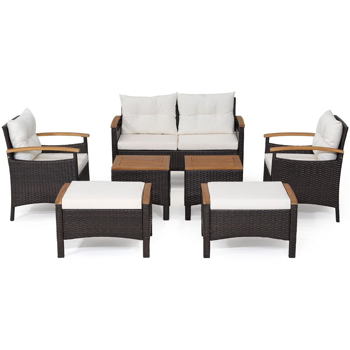 7 Piece PE Rattan Patio Sofa Set with Seat and Back Cushions 2 Ottomans 2 Coffee Tables Table Top - - Image 3