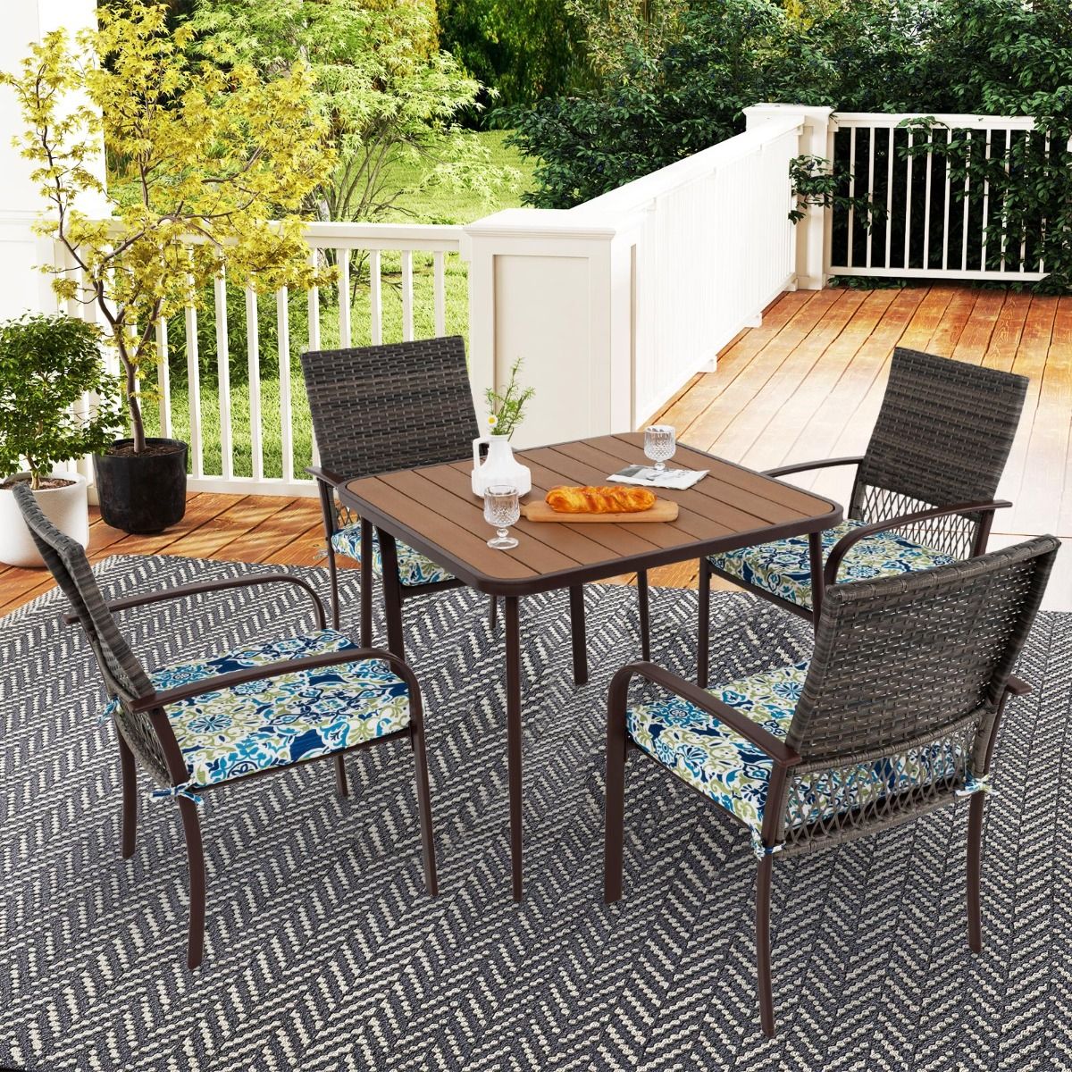 5 Piece Patio Furniture Set Garden Furniture 4 Rattan Armchairs with Cushions and Square Table with Umbrella Hole - - Image 2