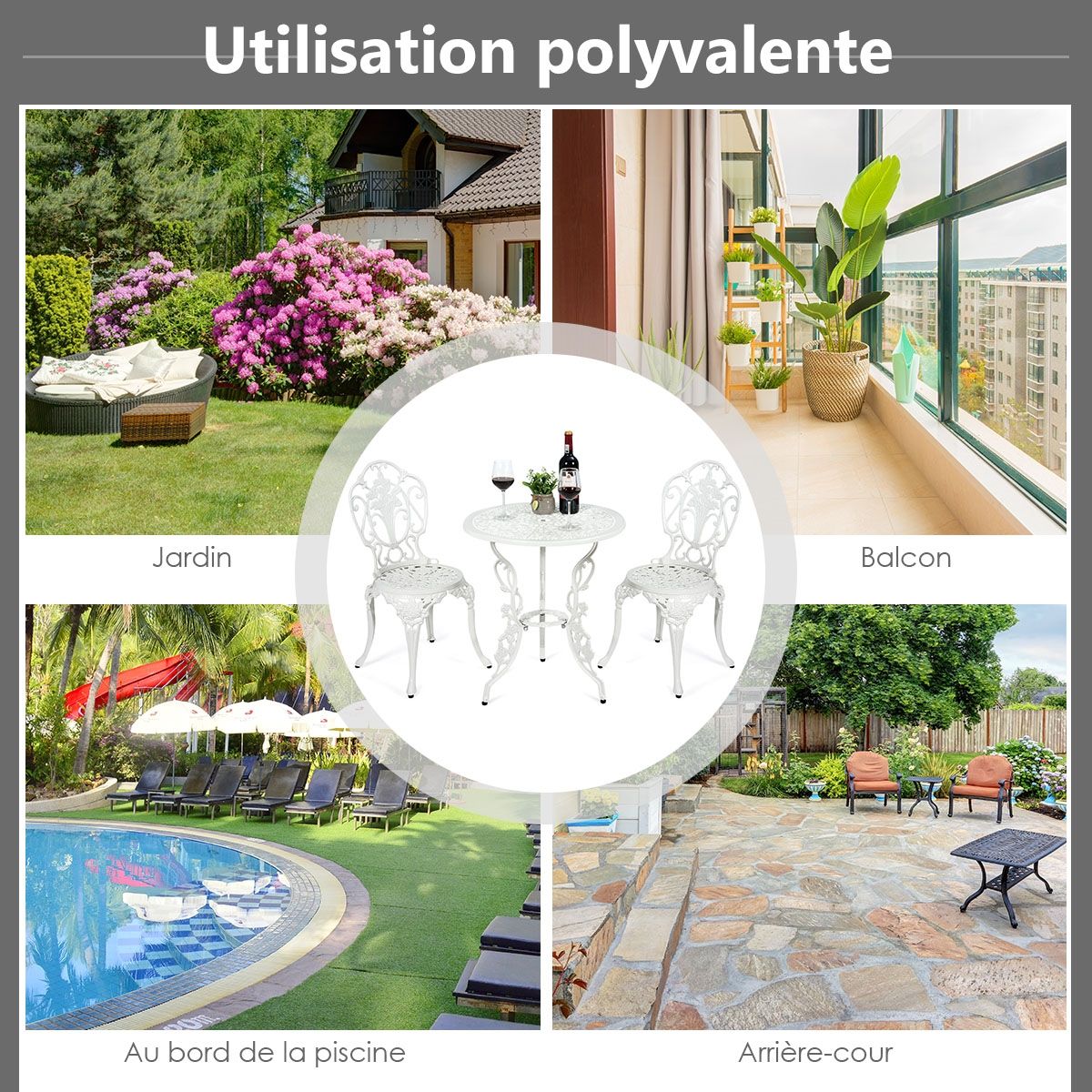 Weather-Resistant White Rose-Shaped Aluminum Garden Table and 2 Chairs Set - - Image 8
