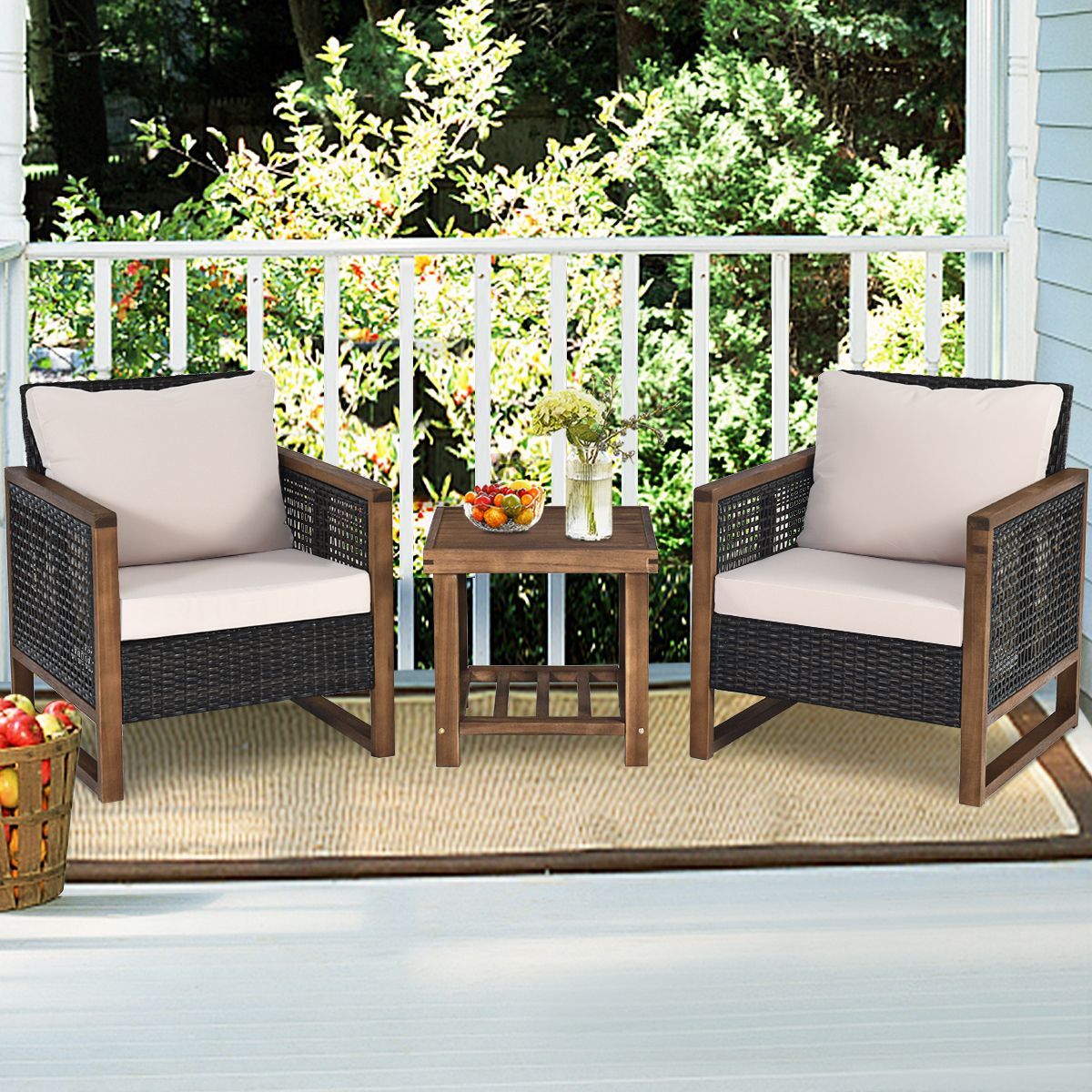 Acacia Wood Garden Furniture Set Handcrafted Rattan Anti-sun Weather Resistant for Porch Balcony Terrace - - Image 2