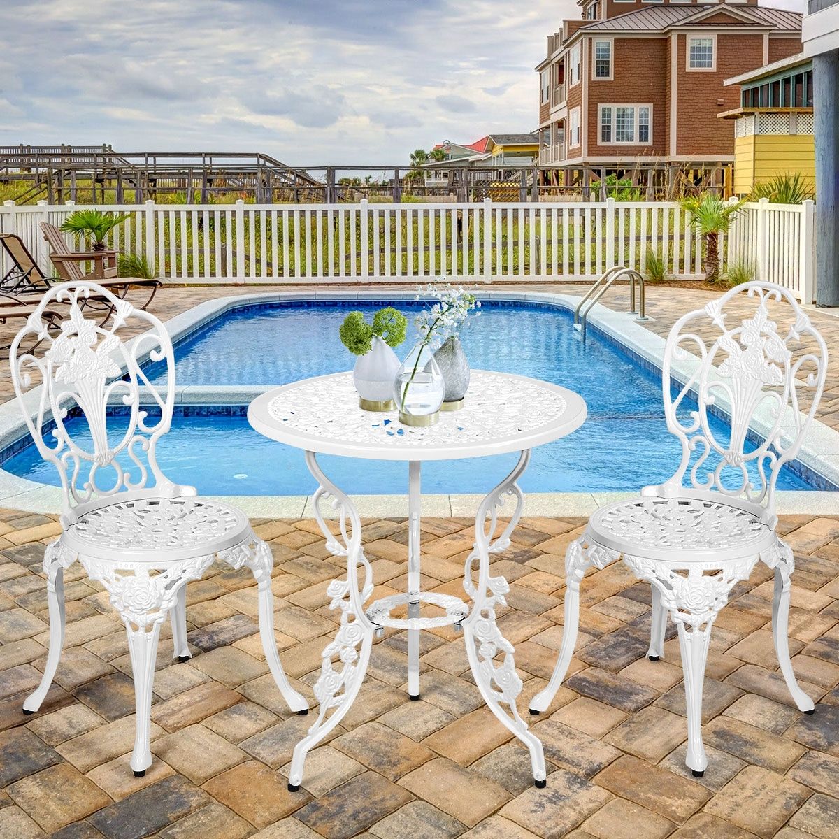 Weather-Resistant White Rose-Shaped Aluminum Garden Table and 2 Chairs Set - - Image 2