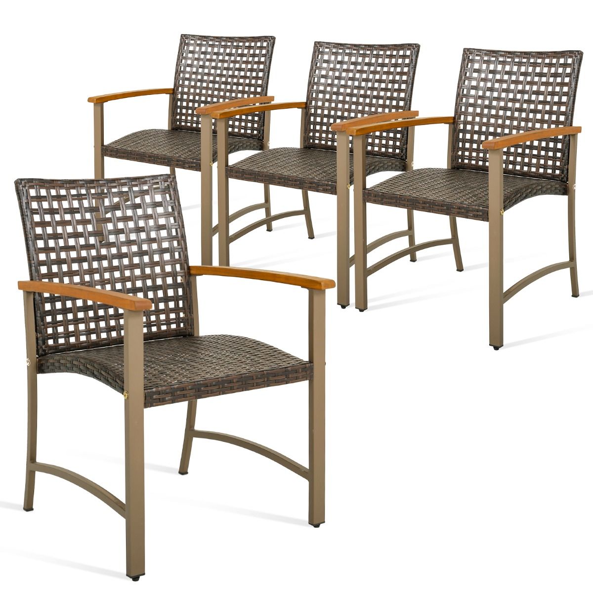 Set of 4 Rattan Chairs for Outdoors Chairs with Acacia Wood Armrests Robust Metal Frame Ergonomic Chairs - - Image 4