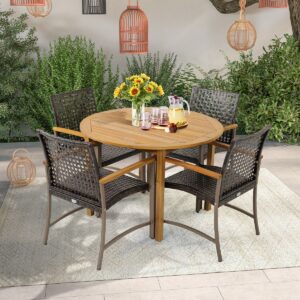 Set of 4 Rattan Chairs for Outdoors Chairs with Acacia Wood Armrests Robust Metal Frame Ergonomic Chairs -