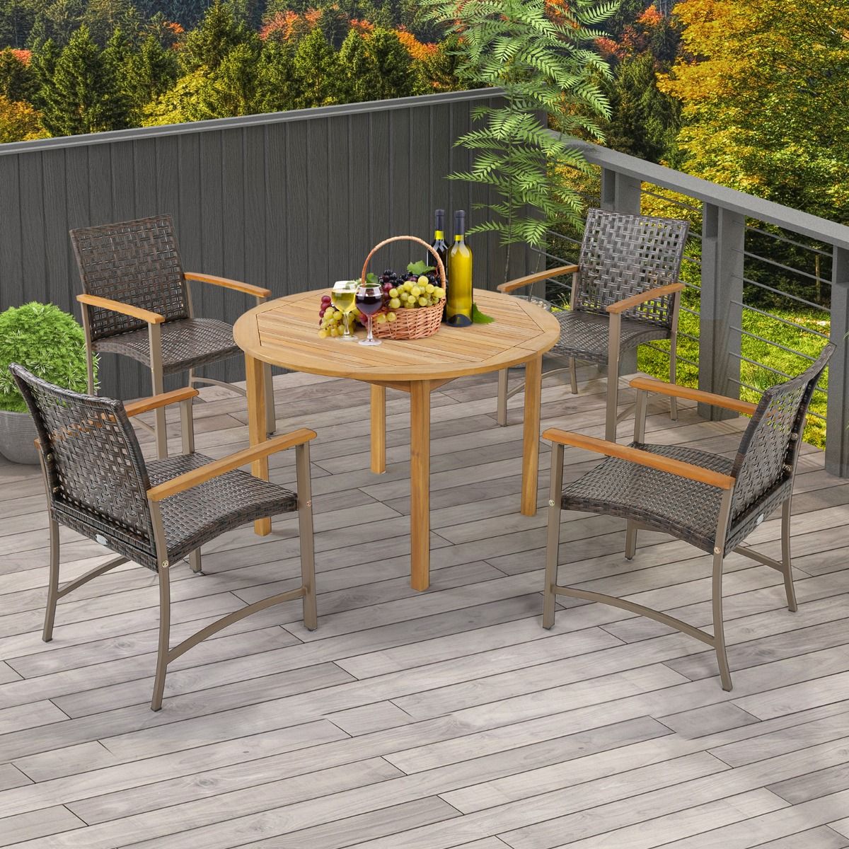 Set of 4 Rattan Chairs for Outdoors Chairs with Acacia Wood Armrests Robust Metal Frame Ergonomic Chairs - - Image 3