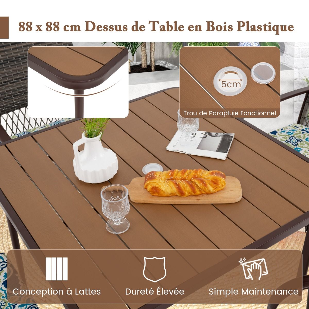 5 Piece Patio Furniture Set Garden Furniture 4 Rattan Armchairs with Cushions and Square Table with Umbrella Hole - - Image 8
