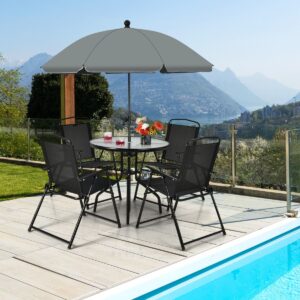 Garden Furniture Set 6 Pcs 4 Folding Chairs Glass Coffee Table and Parasol for Terrace Swimming Pool Courtyard Black -