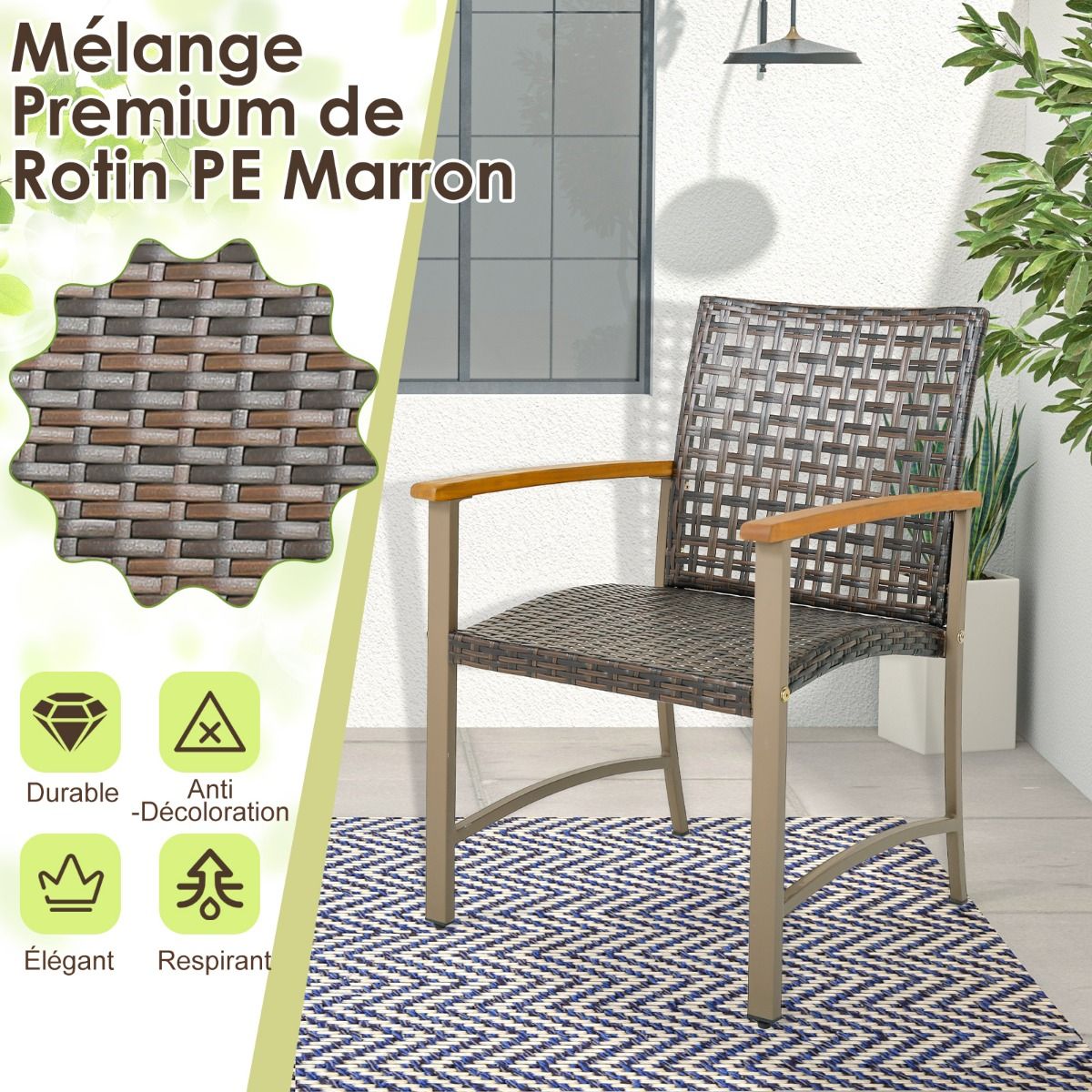 Set of 4 Rattan Chairs for Outdoors Chairs with Acacia Wood Armrests Robust Metal Frame Ergonomic Chairs - - Image 6