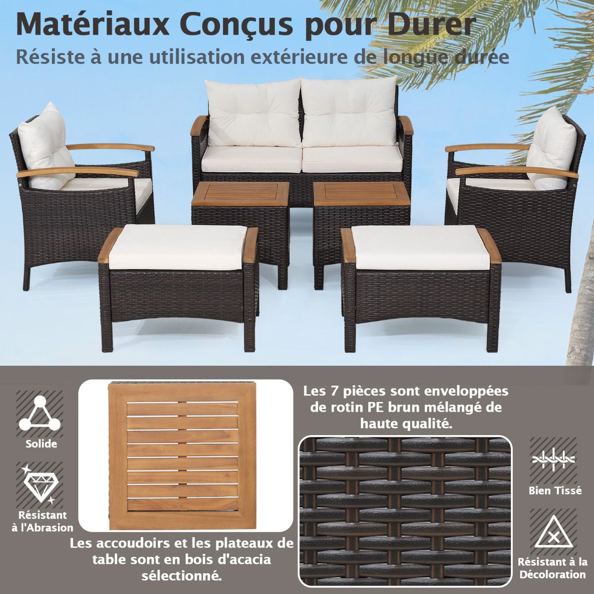 7 Piece PE Rattan Patio Sofa Set with Seat and Back Cushions 2 Ottomans 2 Coffee Tables Table Top - - Image 6