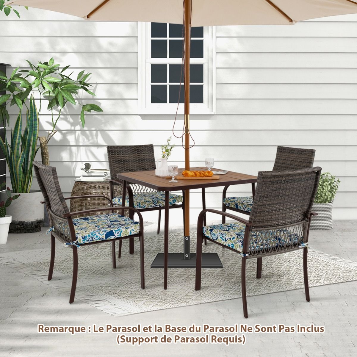 5 Piece Patio Furniture Set Garden Furniture 4 Rattan Armchairs with Cushions and Square Table with Umbrella Hole - - Image 6