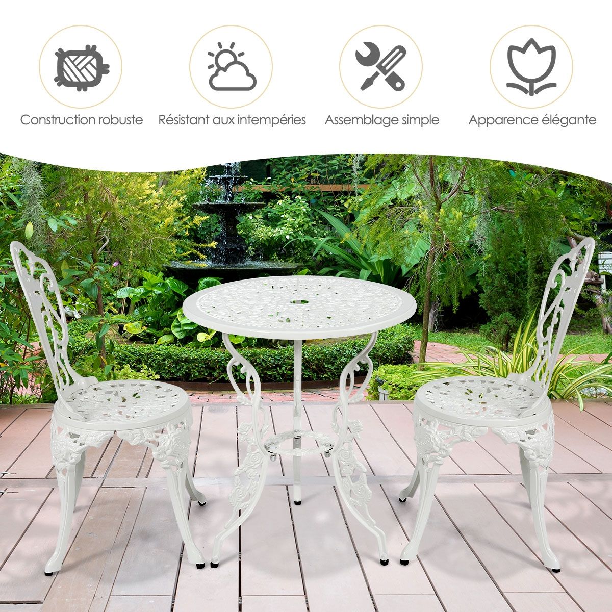 Weather-Resistant White Rose-Shaped Aluminum Garden Table and 2 Chairs Set - - Image 7