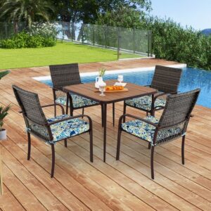 5 Piece Patio Furniture Set Garden Furniture 4 Rattan Armchairs with Cushions and Square Table with Umbrella Hole -