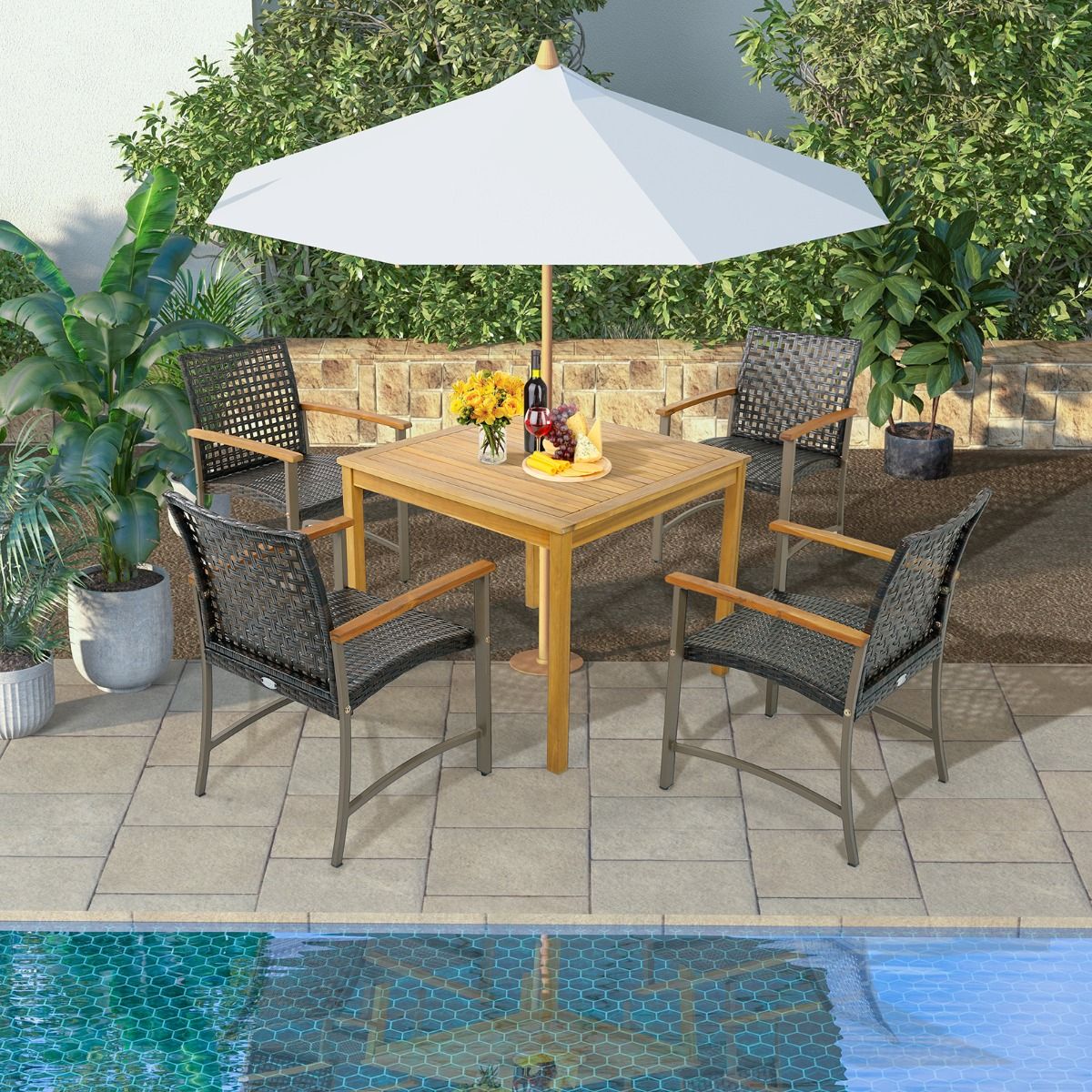 Set of 4 Rattan Chairs for Outdoors Chairs with Acacia Wood Armrests Robust Metal Frame Ergonomic Chairs - - Image 2