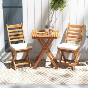 Acacia Wood Outdoor Bistro Set Folding Chairs and Table Set Armless Seat Cushions High Back White -