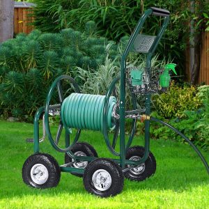 Watering Hose Reel with 4 Wheels Trolley for 1.7m of Watering Hose Basket, 95x62x113cm, Green -