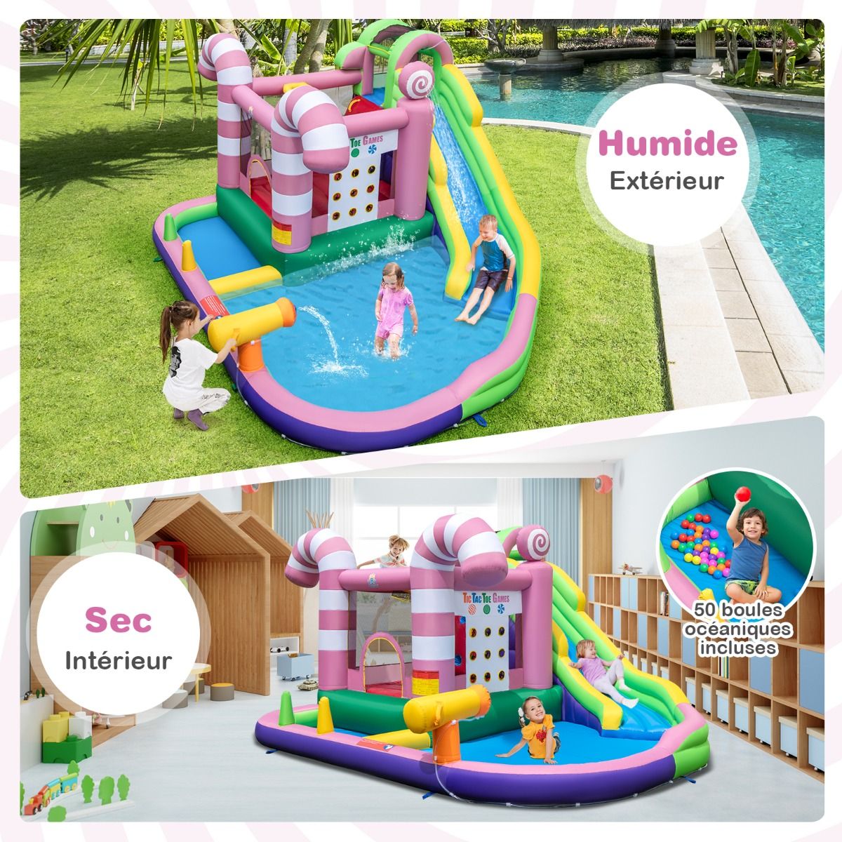 9 in 1 Inflatable Candy Shaped Castle with Slide Inflatable Jumping House with Water Gun Load 90kg for 2 Children Ages 3-10 - - Image 8