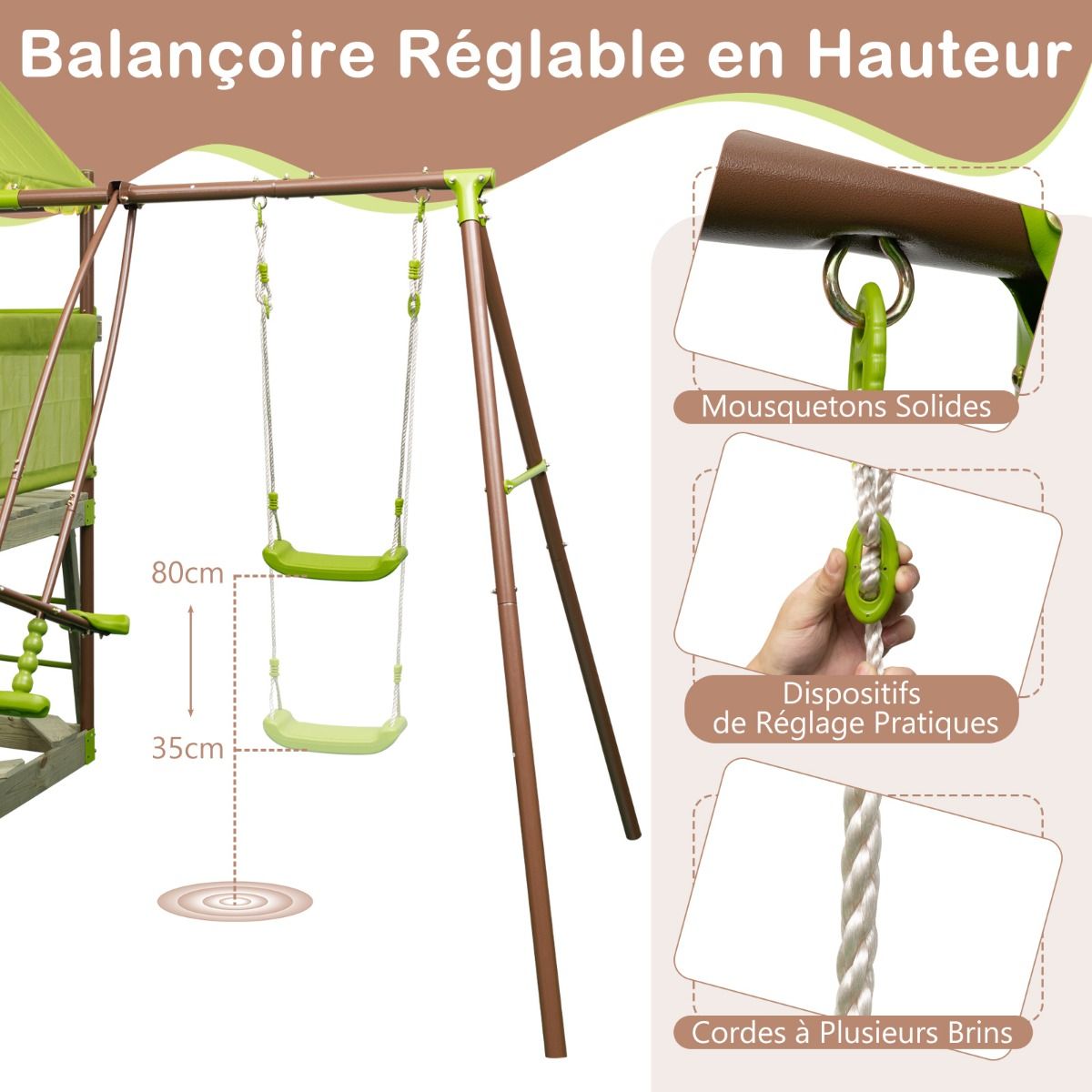 7-in-1 Swing Metal Playground with Covered Fort Height Adjustable Climbing Rope Sandbox Slider Corrugated Slide Green - - Image 6
