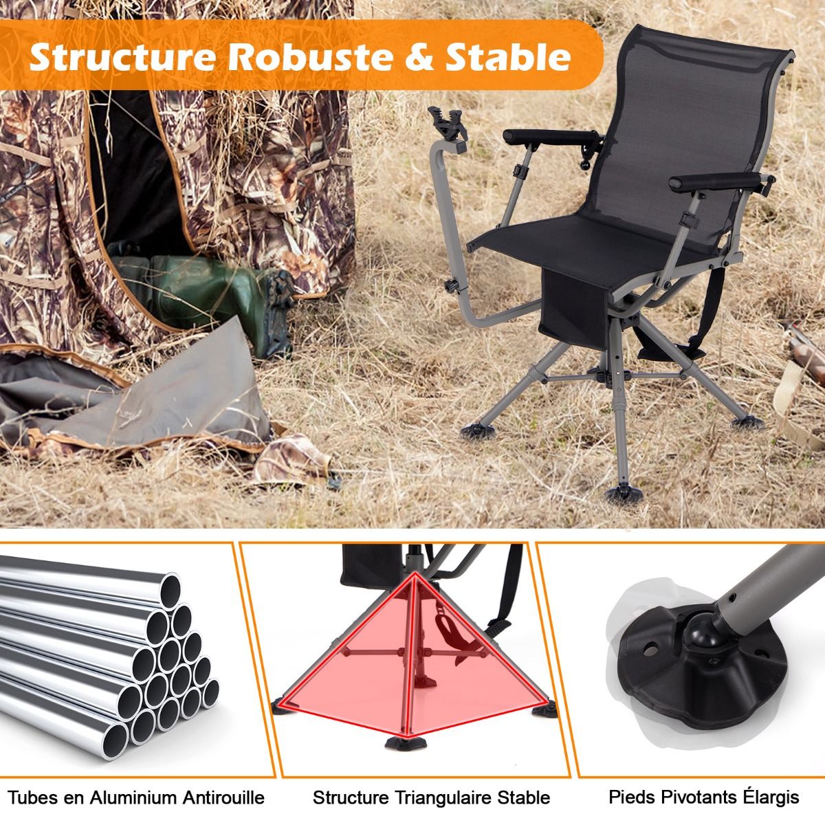 Portable Hunting Chair Shooting Chair with Adjustable Folding Seat 360° Rotation Adjustable Rifle Support Load 150 kg Black - - Image 5