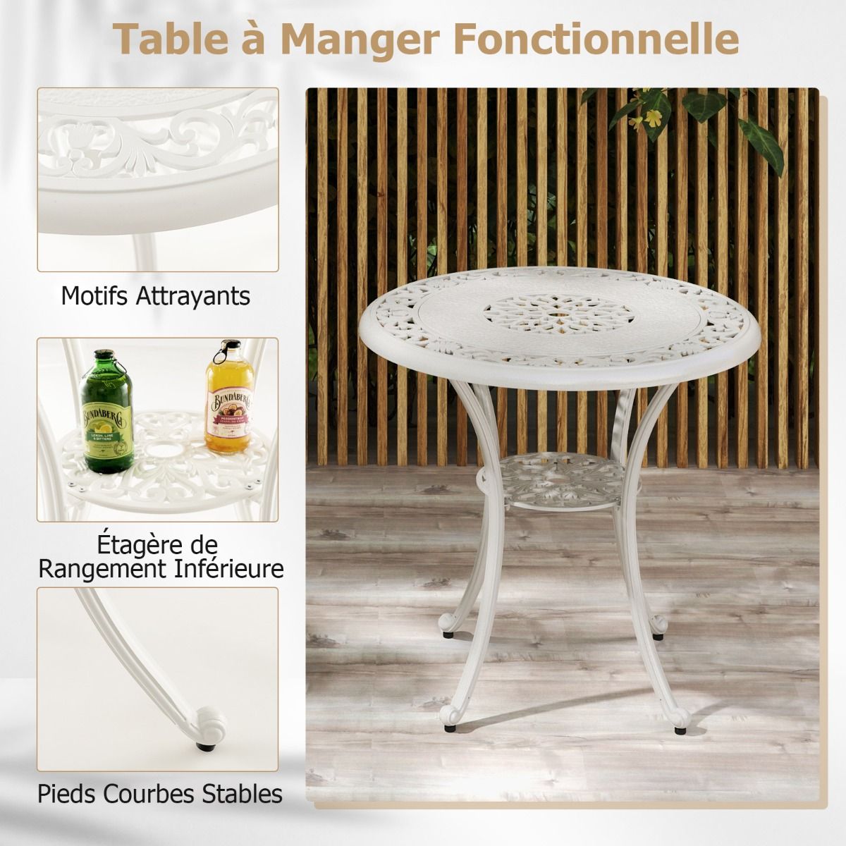 5 Pcs Cast Aluminum Garden Furniture Parasol Hole Adjustable Footrest Round Table Set and 4 Chairs White - - Image 6