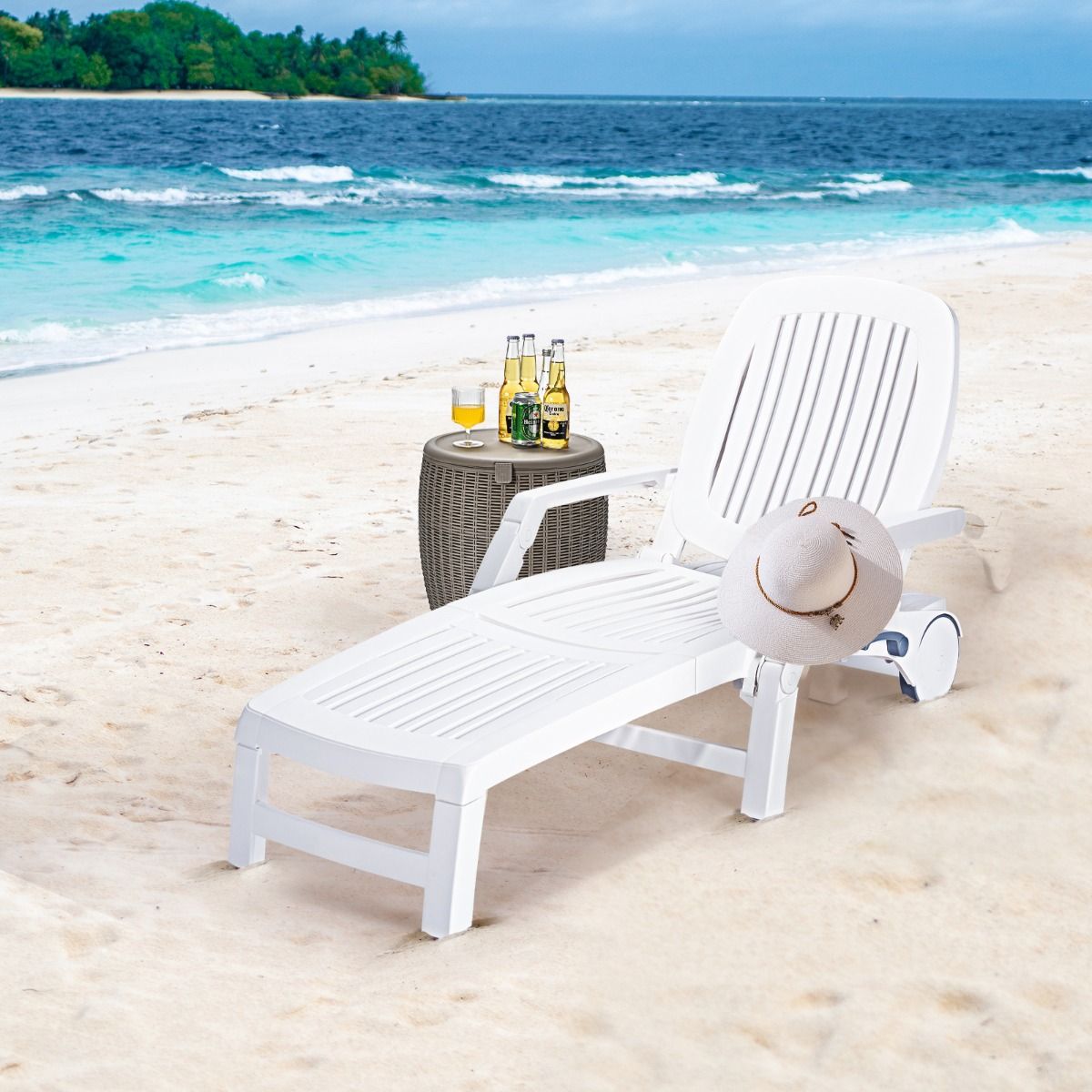 5 Position Adjustable Reclining Lounge Chair with Flexible Wheels Camping Relax Armchair with Storage Box Load 150KG White - - Image 4