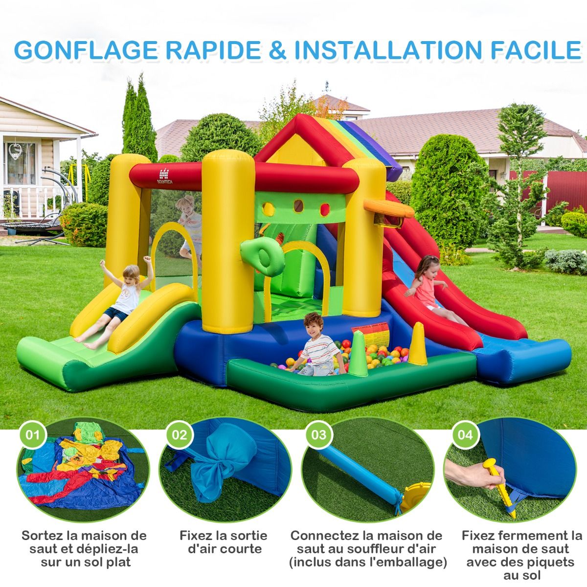 7 in 1 Rainbow Theme Inflatable Castle with Fan Double Slides Pool Balls Basketball Hoop Load 90kg - - Image 8
