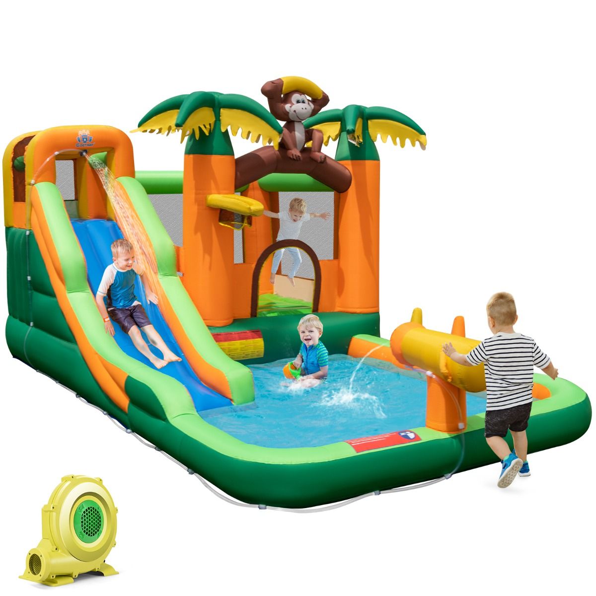 7 in 1 Tropical Inflatable Castle Monkey & Palm Tree Theme with Water Slide with Pool & 50 Balls Load 90kg for 2 Children Aged 3-10 - - Image 3