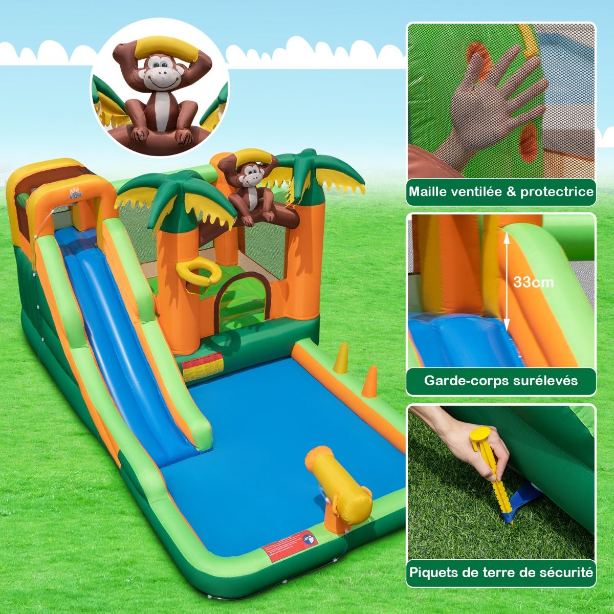 7 in 1 Tropical Inflatable Castle Monkey & Palm Tree Theme with Water Slide with Pool & 50 Balls Load 90kg for 2 Children Aged 3-10 - - Image 4