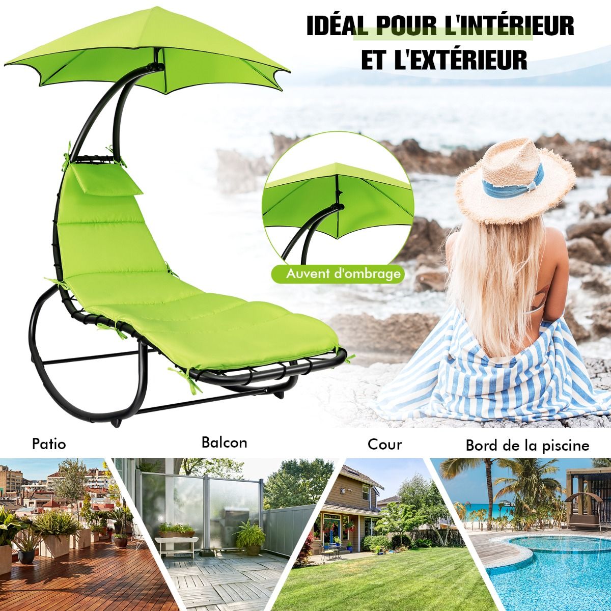 Sun Lounger Rocking Hanging Deckchair with Sun Shade & Hammock Cushion Load 150KG 184 cm x 147 cm x 187 cm Green - - Image 6