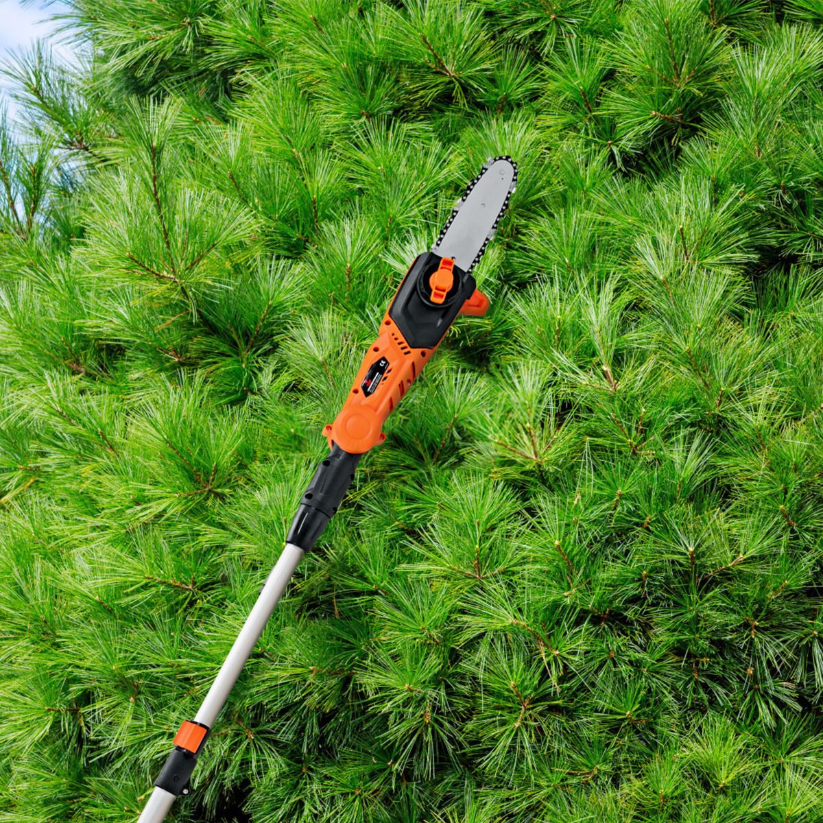 Telescopic Pruner on Cordless Pole 198 -274 cm Branch Cutter with 20V Battery and Orange Charger -