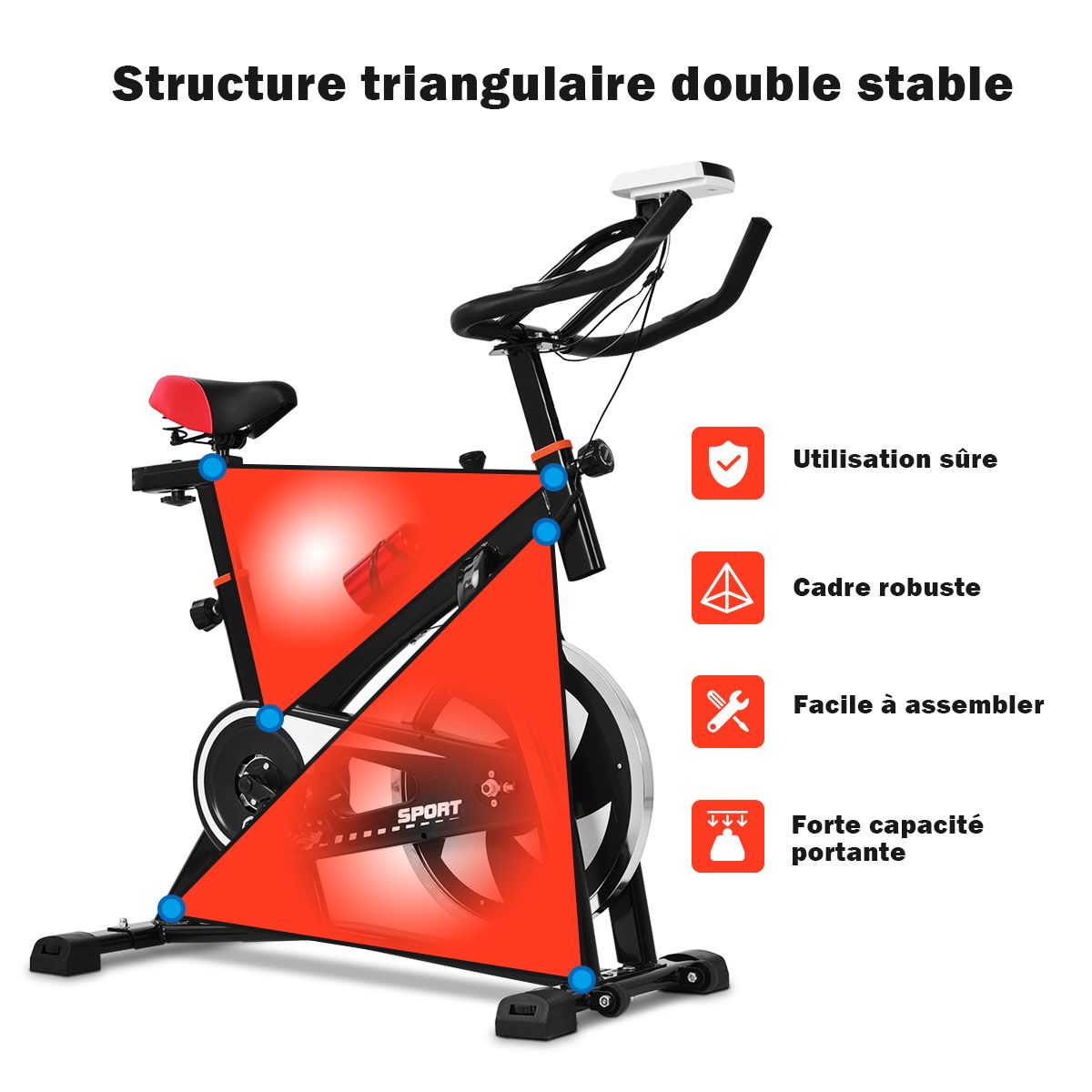 Exercise Bike Silent Bike with Belt and 10kg Iron Flywheel Handlebar and Adjustable Saddle Black + Red - - Image 4