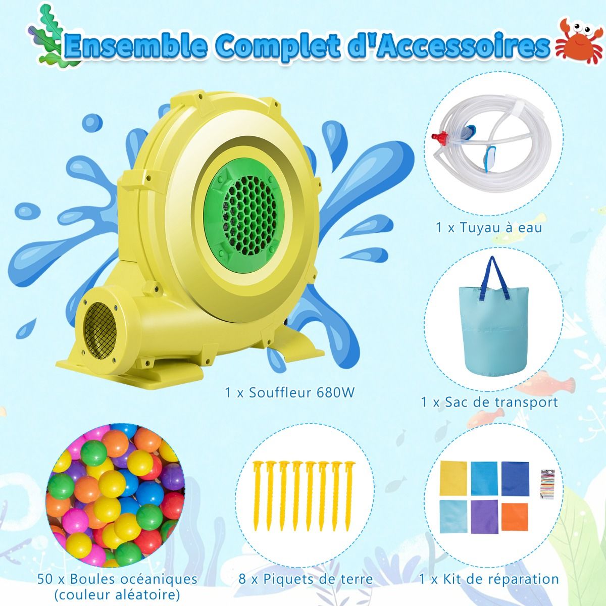 6 in 1 Ocean Bouncy Castle with 680W Blower Water Slide & 2 Pools Inflatable Bounce House Load 90kg - - Image 5
