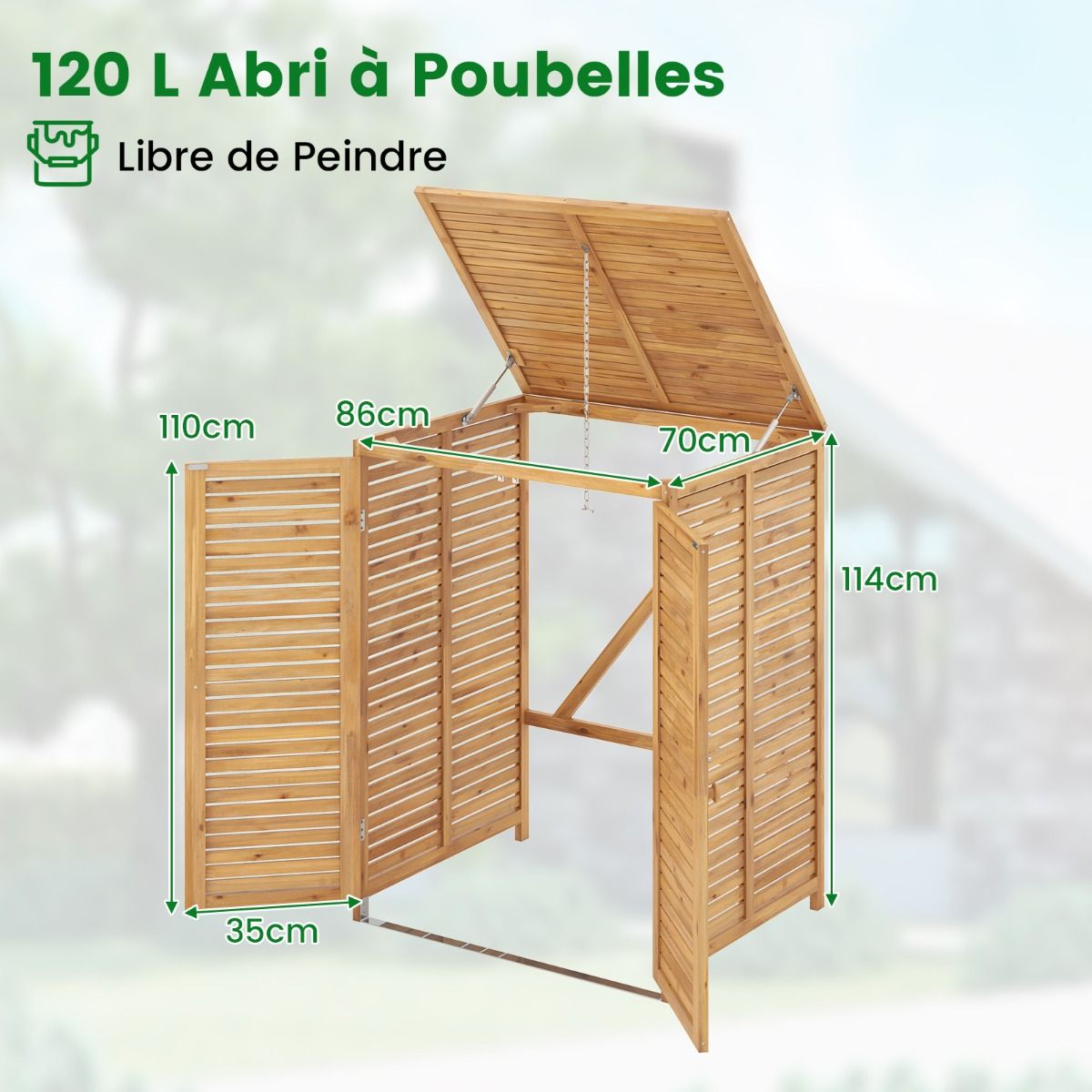 120L Wooden Trash Can Shed Outdoor Tool Shed with Openable Lid Double Doors Natural Locking Latch - - Image 9