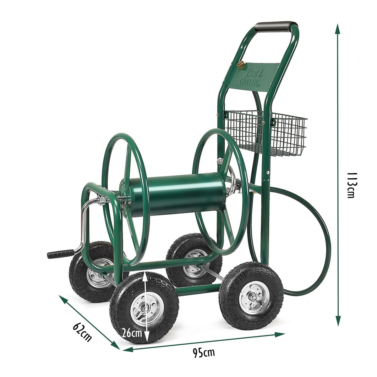 Watering Hose Reel with 4 Wheels Trolley for 1.7m of Watering Hose Basket, 95x62x113cm, Green - - Image 12