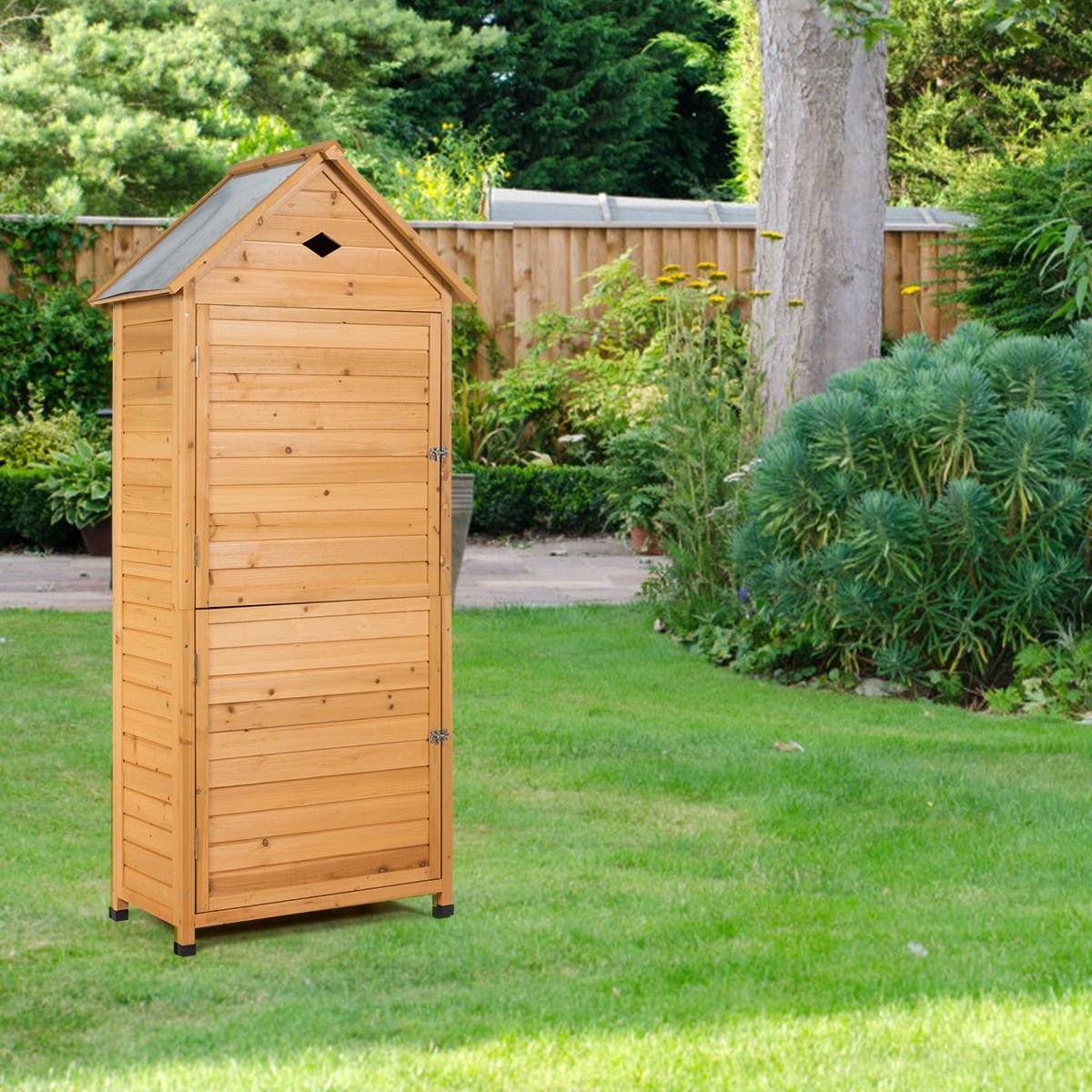 Outdoor Garden Shed with 5 Shelves Lockable Cabin in Fir Wood with Galvanized Sheet Metal Roof - - Image 2