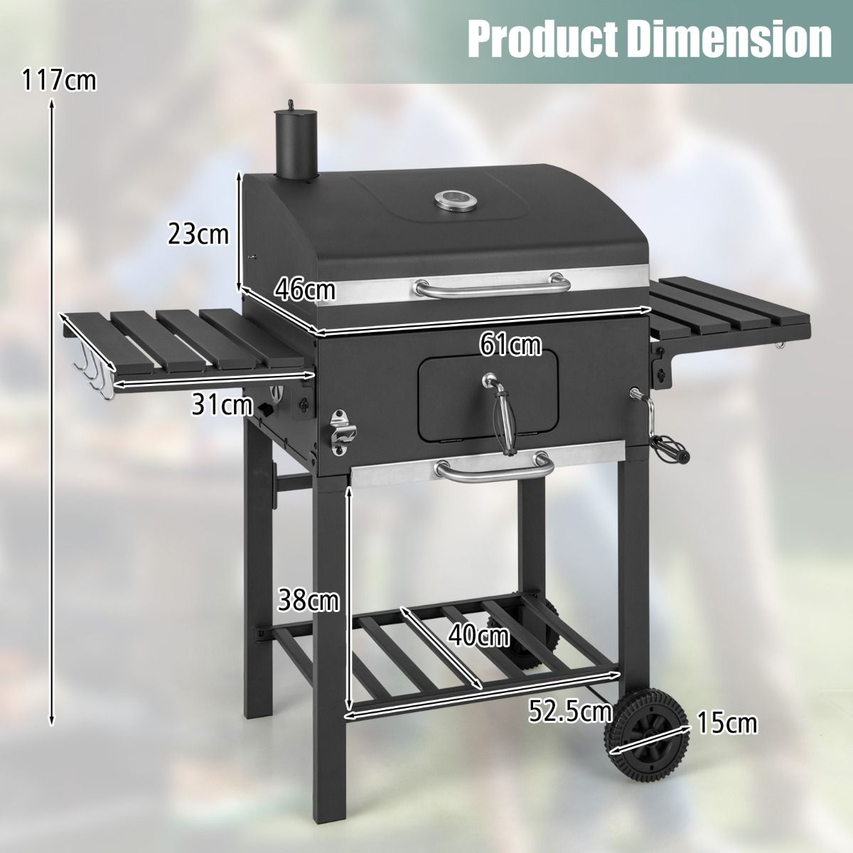Portable Charcoal Barbecue with 2 Side Tables Black - - Image 10