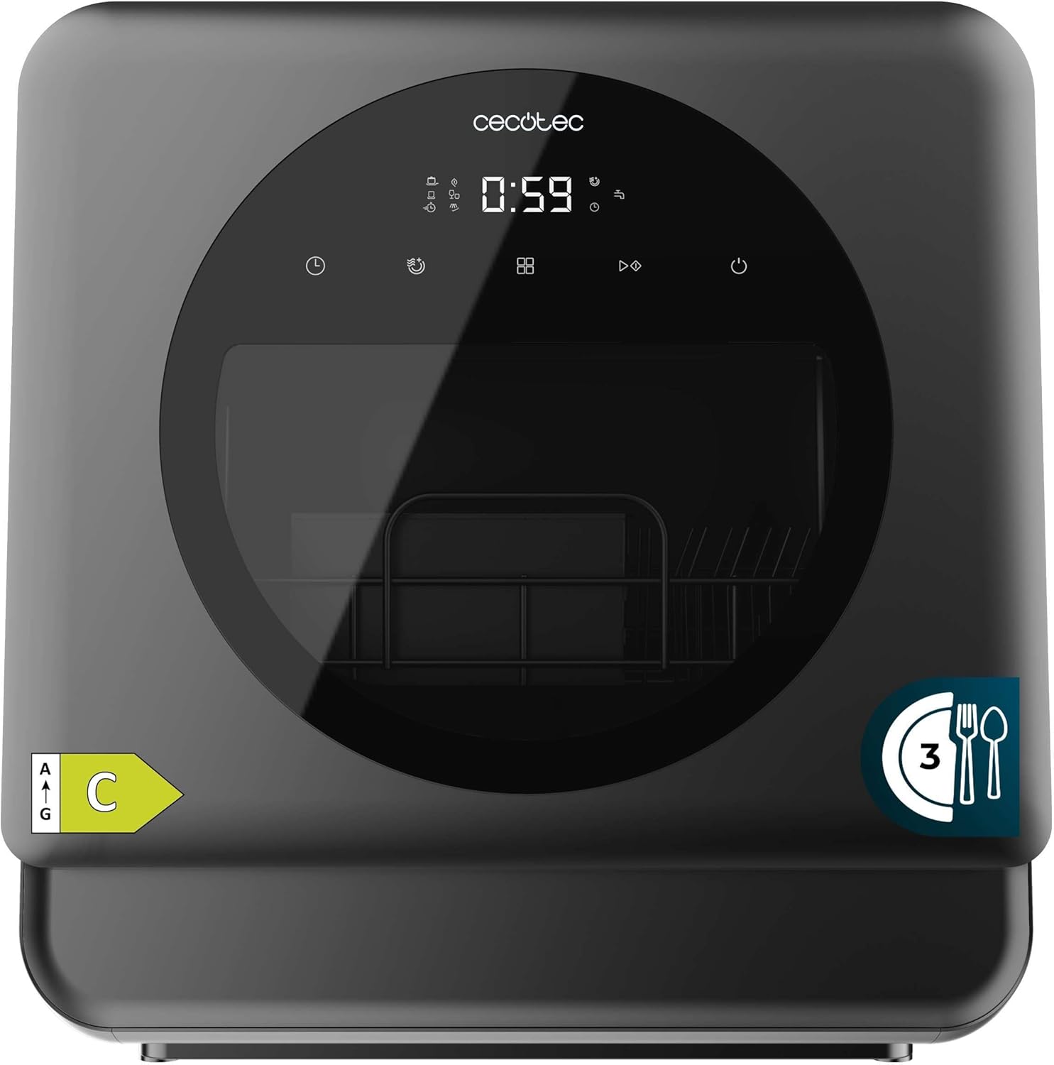Cecotec Dishwasher Compact Free Installation on Table Bolero Aguazero 1150 Dark. 3 Place Settings, Low Consumption, 6 Programs, Touch Control Panel, Long Storage and Delay Start Functions