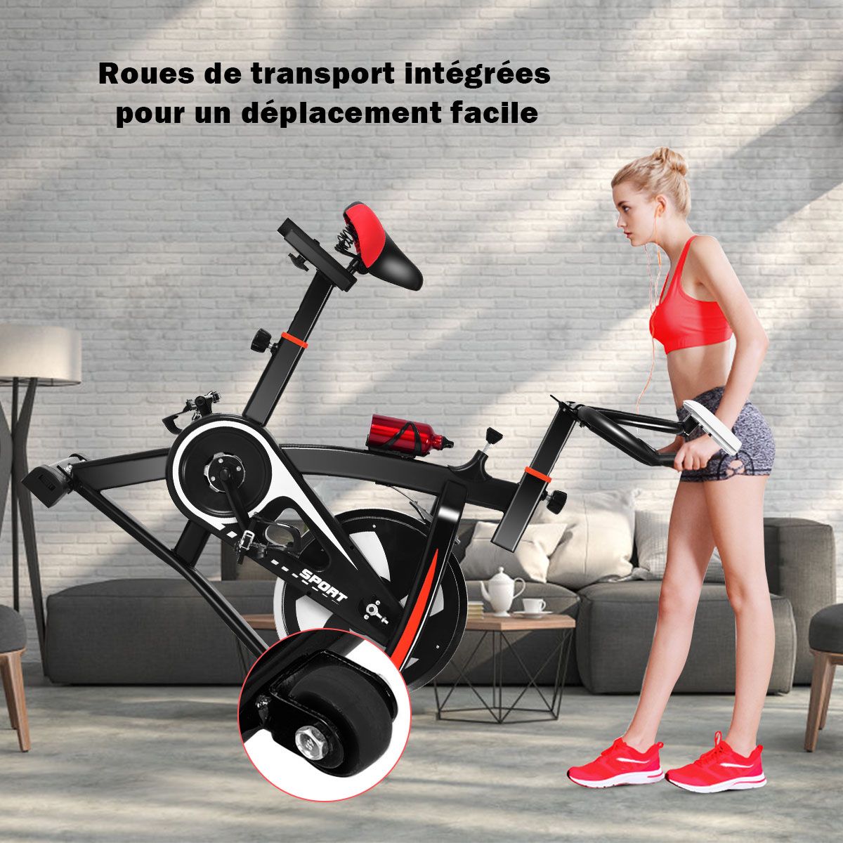 Exercise Bike Silent Bike with Belt and 10kg Iron Flywheel Handlebar and Adjustable Saddle Black + Red - - Image 8