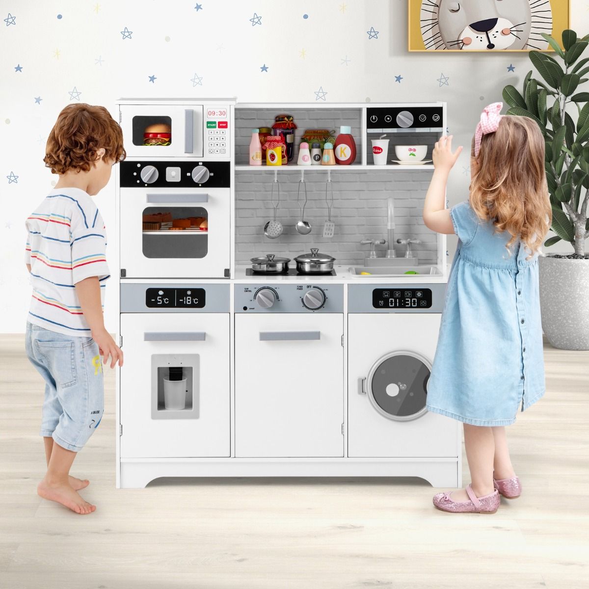 Play Kitchen for Ages 3 and Up Wooden Kitchen Toys with Sink Faucet Water Dispenser Microwave Oven Utensils White - - Image 2