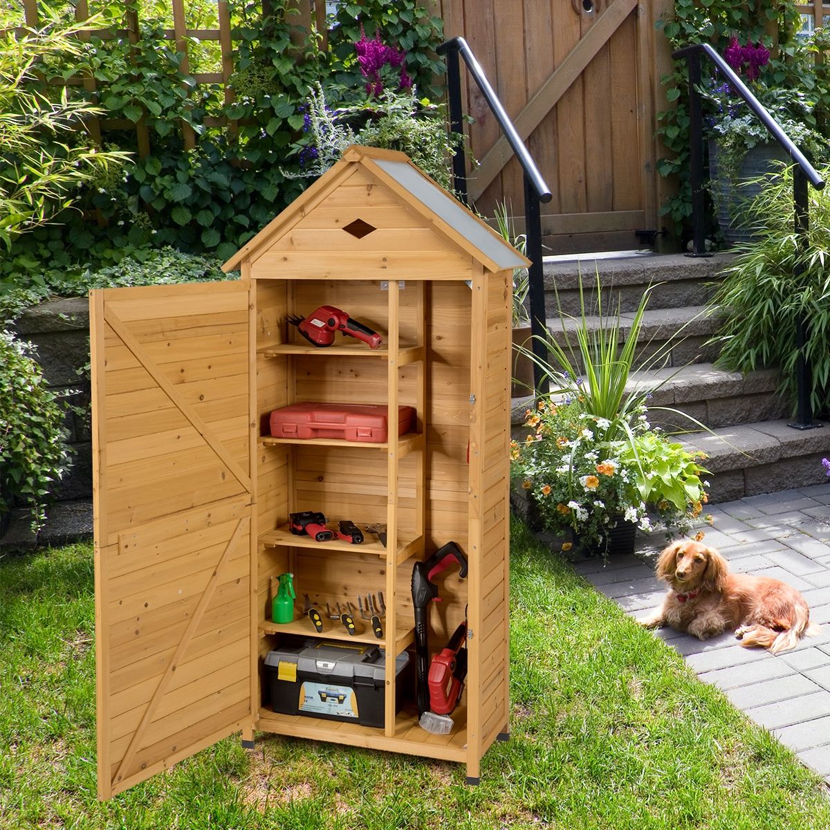 Outdoor Garden Shed with 5 Shelves Lockable Cabin in Fir Wood with Galvanized Sheet Metal Roof -