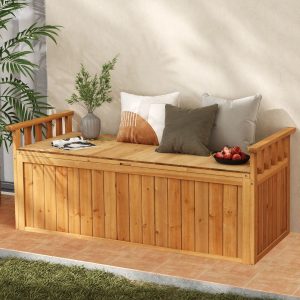 Wooden Storage Bench 2-Seater Outdoor Bench of 209 L with Armrests Wooden Storage Box Load 100KG Natural -