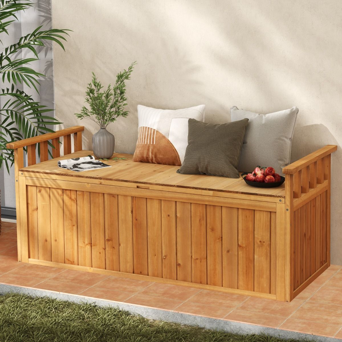 Wooden Storage Bench 2-Seater Outdoor Bench of 209 L with Armrests Wooden Storage Box Load 100KG Natural -