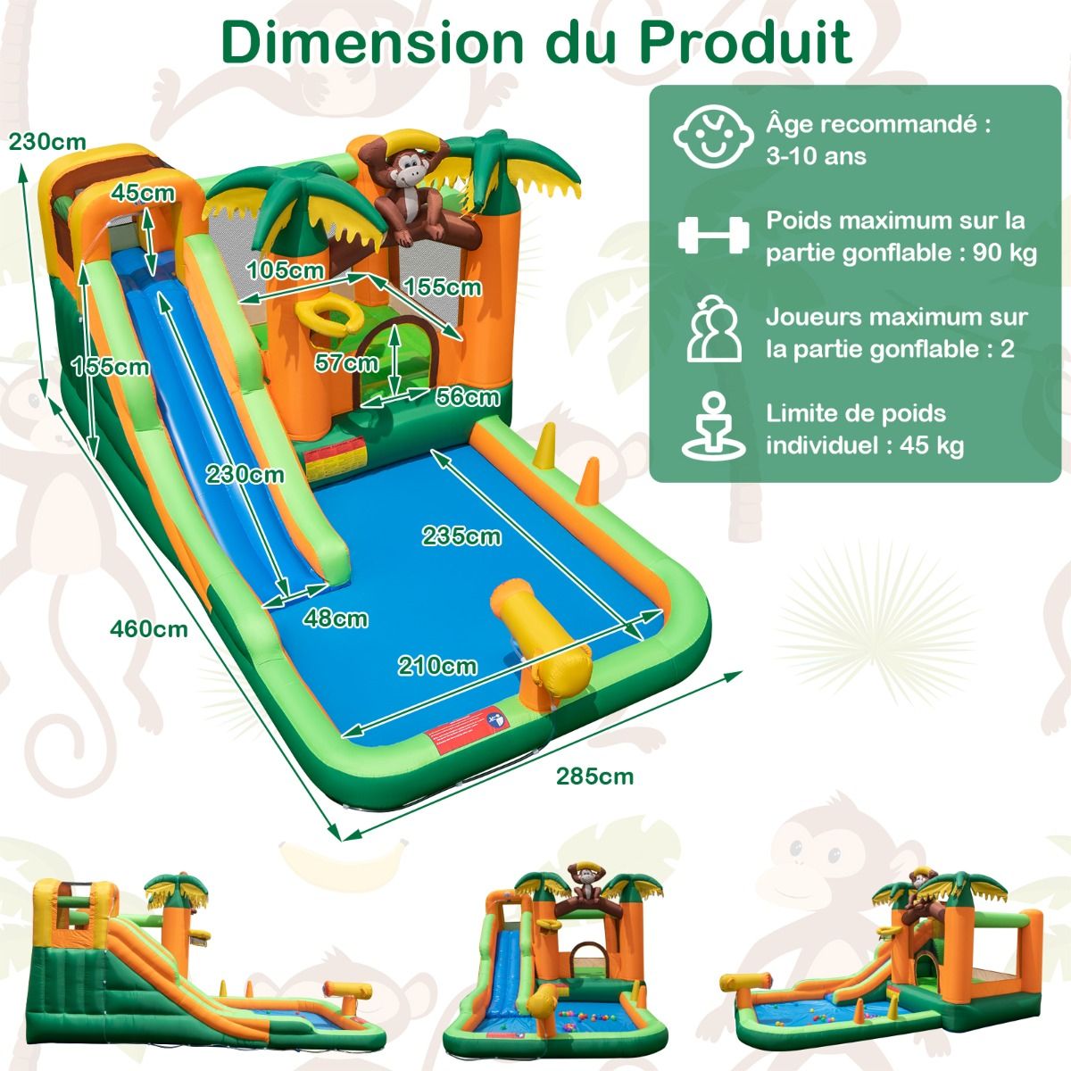 7 in 1 Tropical Inflatable Castle with Monkey & Palm Tree Theme with Water Slide with Pool & 50 Balls Load 90kg for 2 Children Aged 3-10 - - Image 10