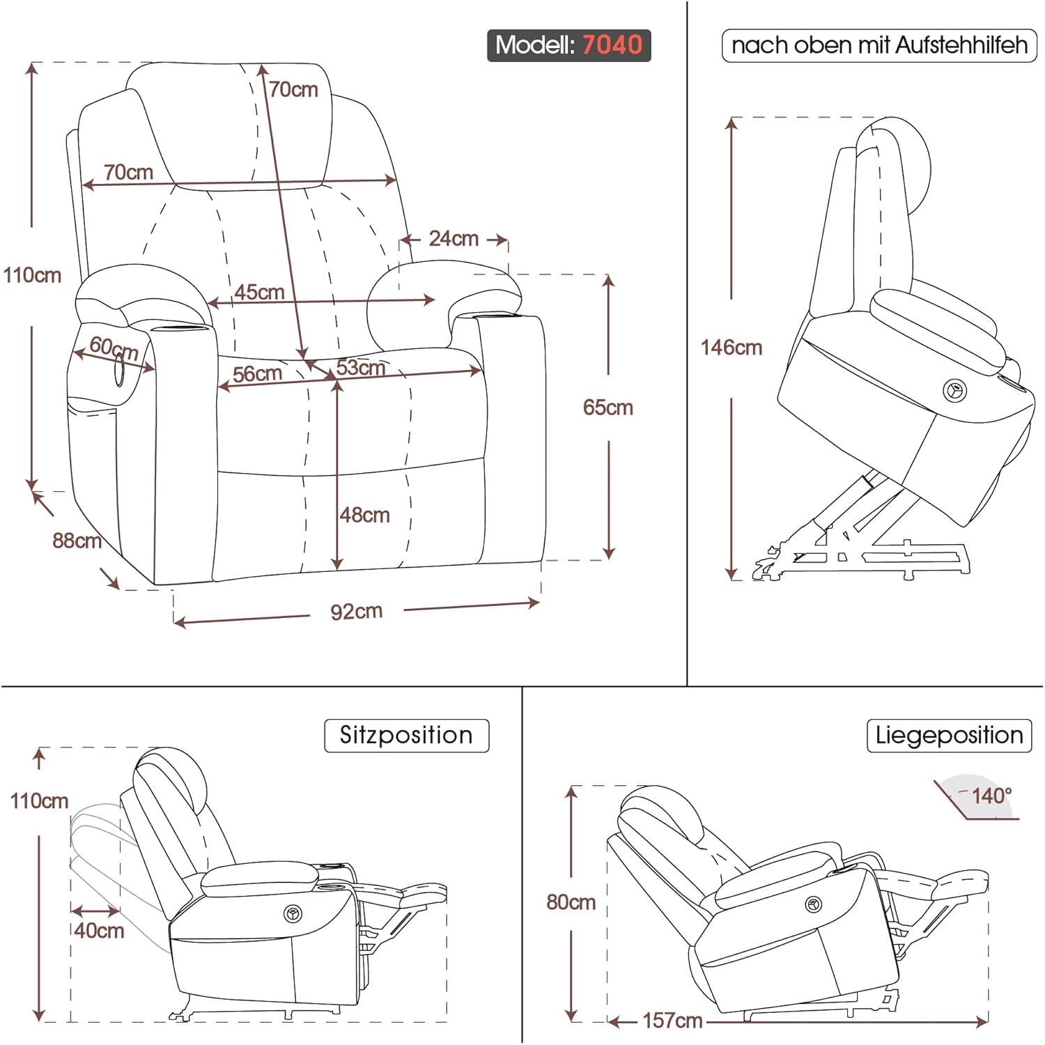 MCombo electric tie-down aid, TV armchair, Relaxing armchair, Massage, Heating, Electrically adjustable USB connection, Faux leather, Black - Image 3