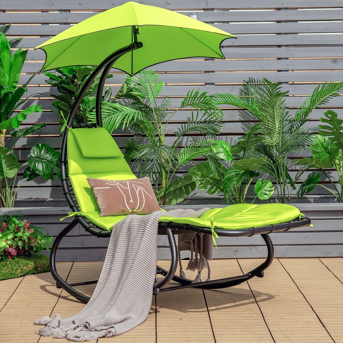 Sun Lounger Rocking Hanging Deckchair with Sun Shade & Hammock Cushion Load 150KG 184 cm x 147 cm x 187 cm Green - - Image 2