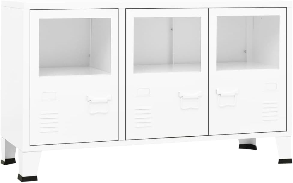 vidaXL Industrial Sideboard Side Cabinet Storage Unit Storage Cabinet Living Room Home Interior White 105x35x62 cm Metal and Glass
