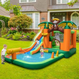 7 in 1 Tropical Inflatable Castle Monkey & Palm Tree Theme with Water Slide with Pool & 50 Balls Load 90kg for 2 Children Aged 3-10 -