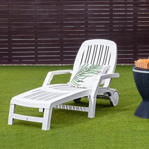 5 Position Adjustable Reclining Lounge Chair with Flexible Wheels Camping Relax Armchair with Storage Box Load 150KG White -
